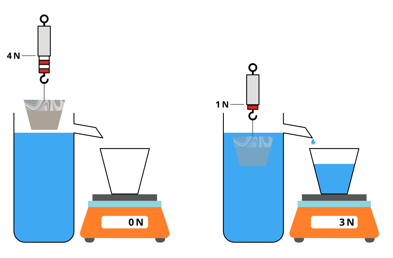 Archimedes principle: a block weighs 4 newtons in air and 1 newton when submerged, while the displaced water collected weighs 3 newtons