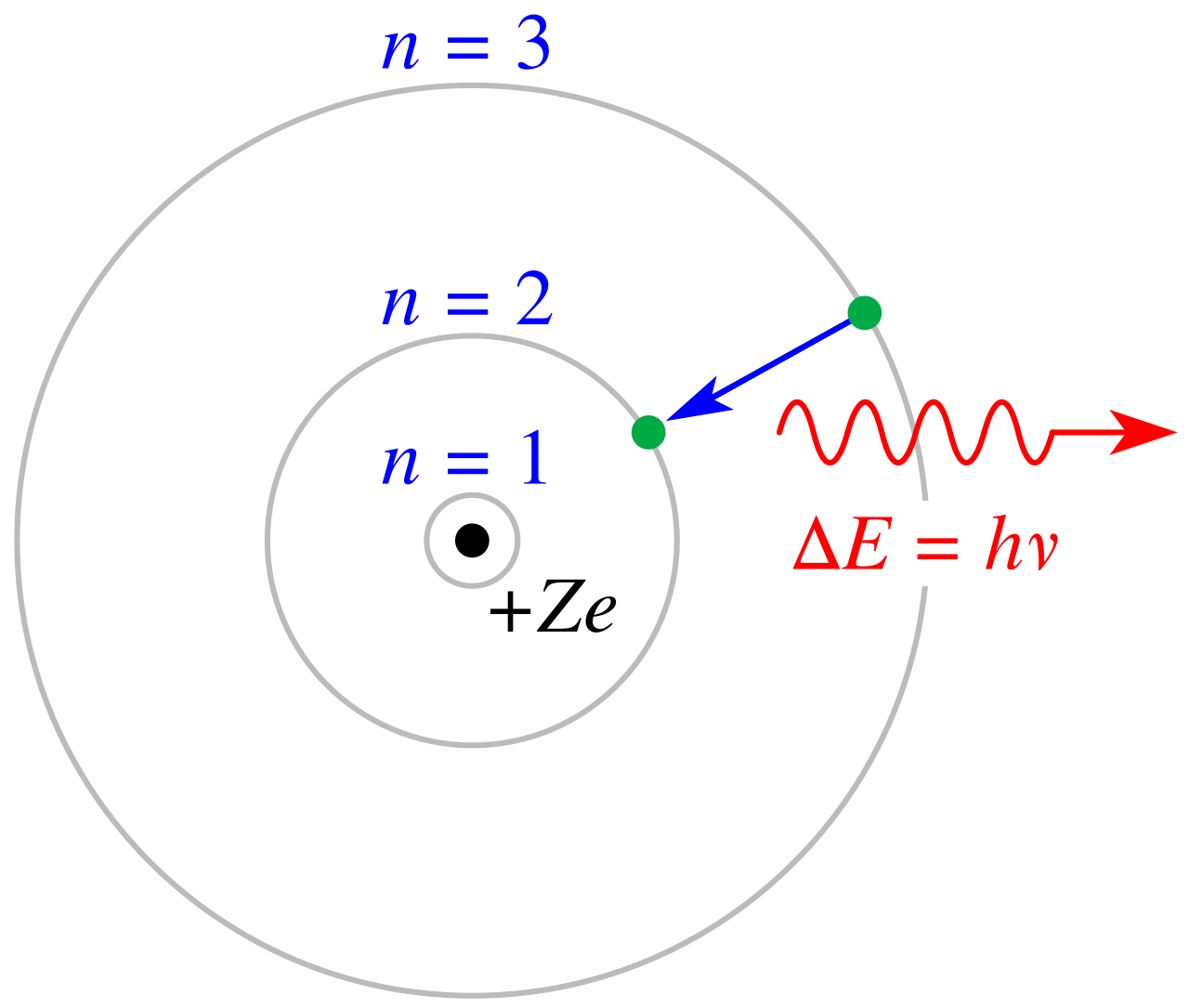 Bohr model of the atom: a nucleus of charge +Ze surrounded by circular orbits labelled n = 1, n = 2 and n = 3, with an electron dropping from n = 3 to n = 2 and emitting a photon of energy delta-E = h-nu.